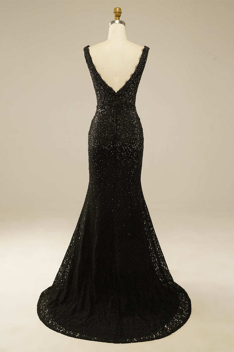 Load image into Gallery viewer, Elegant Glitter Rhinestone Black Lace Long Formal Dress