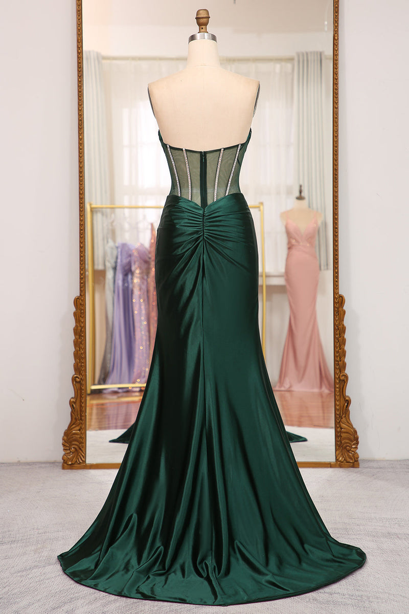 Load image into Gallery viewer, Dark Green Mermaid Satin Strapless Long Corset Formal Dress With Slit