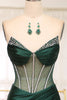 Load image into Gallery viewer, Dark Green Mermaid Satin Strapless Long Corset Formal Dress With Slit