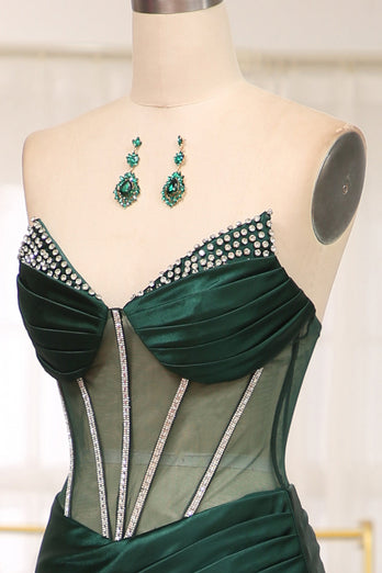 Dark Green Mermaid Satin Strapless Long Corset Formal Dress With Slit