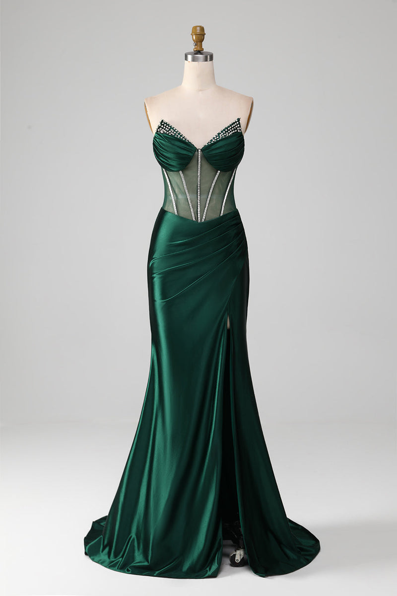 Load image into Gallery viewer, Mermaid Sweetheart Dark Green Corset Formal Dress with Split Front