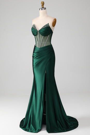 Mermaid Sweetheart Dark Green Corset Formal Dress with Split Front