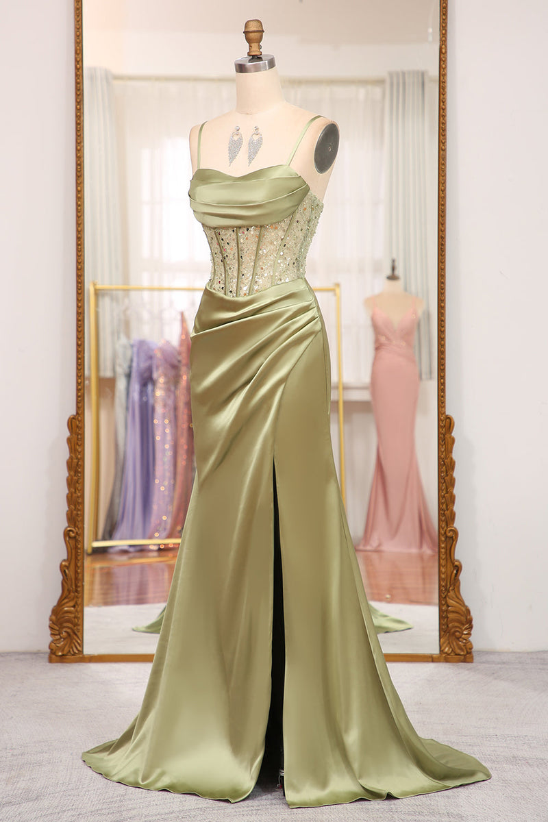 Load image into Gallery viewer, Sage Mermaid Sequined Long Corset Formal Dress With Slit