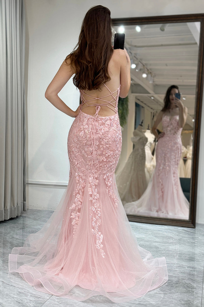 Load image into Gallery viewer, Pink Mermaid Backless Long Corset Formal Dress With Appliques