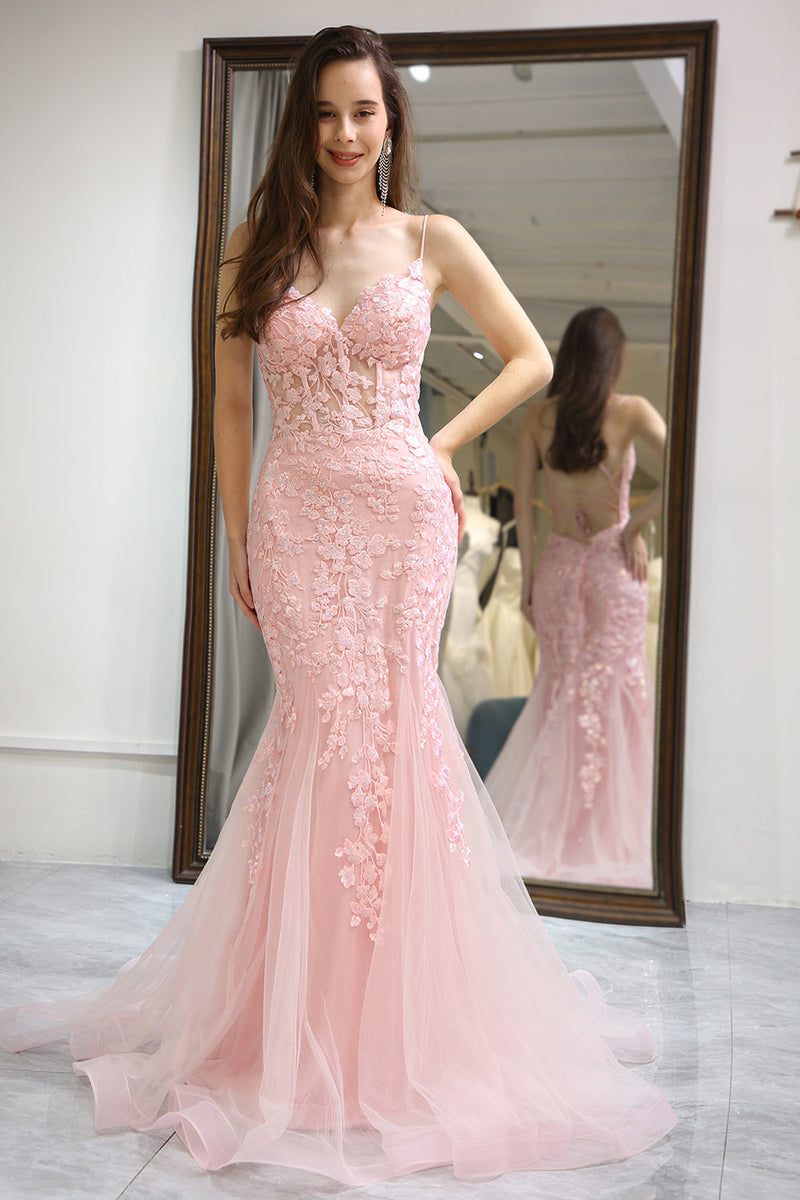 Load image into Gallery viewer, Pink Mermaid Backless Long Corset Formal Dress With Appliques