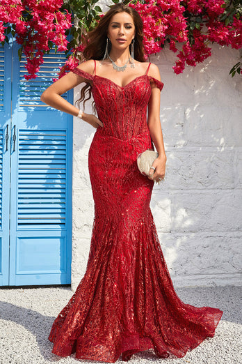 Cold Shoulder Mermaid Sequins Burgundy Long Formal Dress