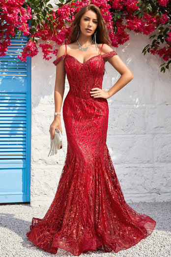 Cold Shoulder Mermaid Sequins Burgundy Long Formal Dress