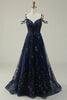 Load image into Gallery viewer, Sparkly Spaghetti Straps Sequins Navy Long Formal Dress