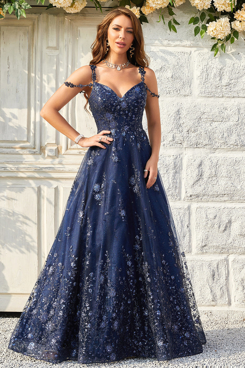 Load image into Gallery viewer, Spaghetti Straps Sequins Navy Long Formal Dress
