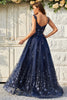 Load image into Gallery viewer, Spaghetti Straps Sequins Navy Long Formal Dress