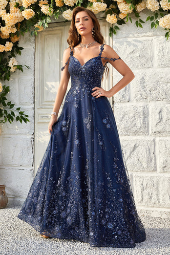 Spaghetti Straps Sequins Navy Long Formal Dress