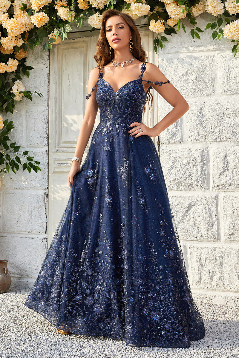 Load image into Gallery viewer, Spaghetti Straps Sequins Navy Long Formal Dress