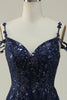 Load image into Gallery viewer, Sparkly Spaghetti Straps Sequins Navy Long Formal Dress