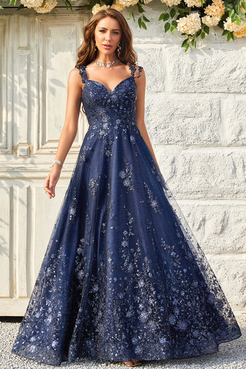 Spaghetti Straps Sequins Navy Long Formal Dress