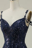 Load image into Gallery viewer, Sparkly Spaghetti Straps Sequins Navy Long Formal Dress