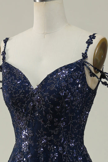 Sparkly Spaghetti Straps Sequins Navy Long Formal Dress