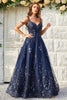 Load image into Gallery viewer, Spaghetti Straps Sequins Navy Long Formal Dress