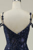 Load image into Gallery viewer, Sparkly Spaghetti Straps Sequins Navy Long Formal Dress