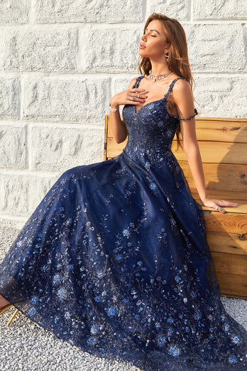 Spaghetti Straps Sequins Navy Long Formal Dress