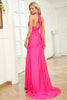 Load image into Gallery viewer, Halter Fuchsia Long Formal Dress with Slit