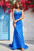 Load image into Gallery viewer, Mermaid V-Neck Blue Long Formal Dress with Ruffles