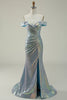 Load image into Gallery viewer, Off The Shoulder Mermaid Sparkly Blue Sequins Long Formal Dress with Slit