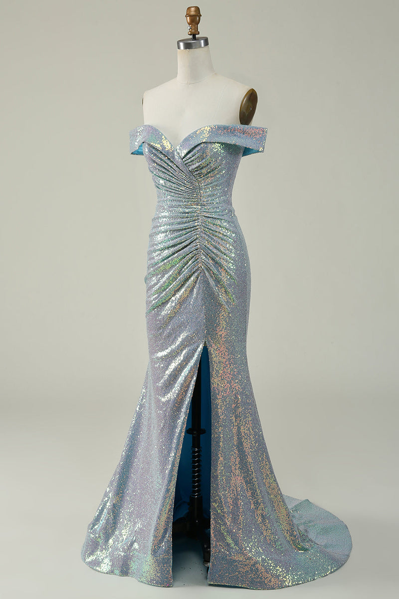 Load image into Gallery viewer, Off The Shoulder Mermaid Sparkly Blue Sequins Long Formal Dress with Slit