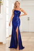 Load image into Gallery viewer, Mermaid Spaghetti Straps Navy Long Formal Dress with Slit