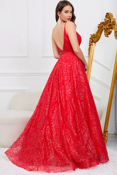 Deep V-Neck Backless Red Ball Gown Dress