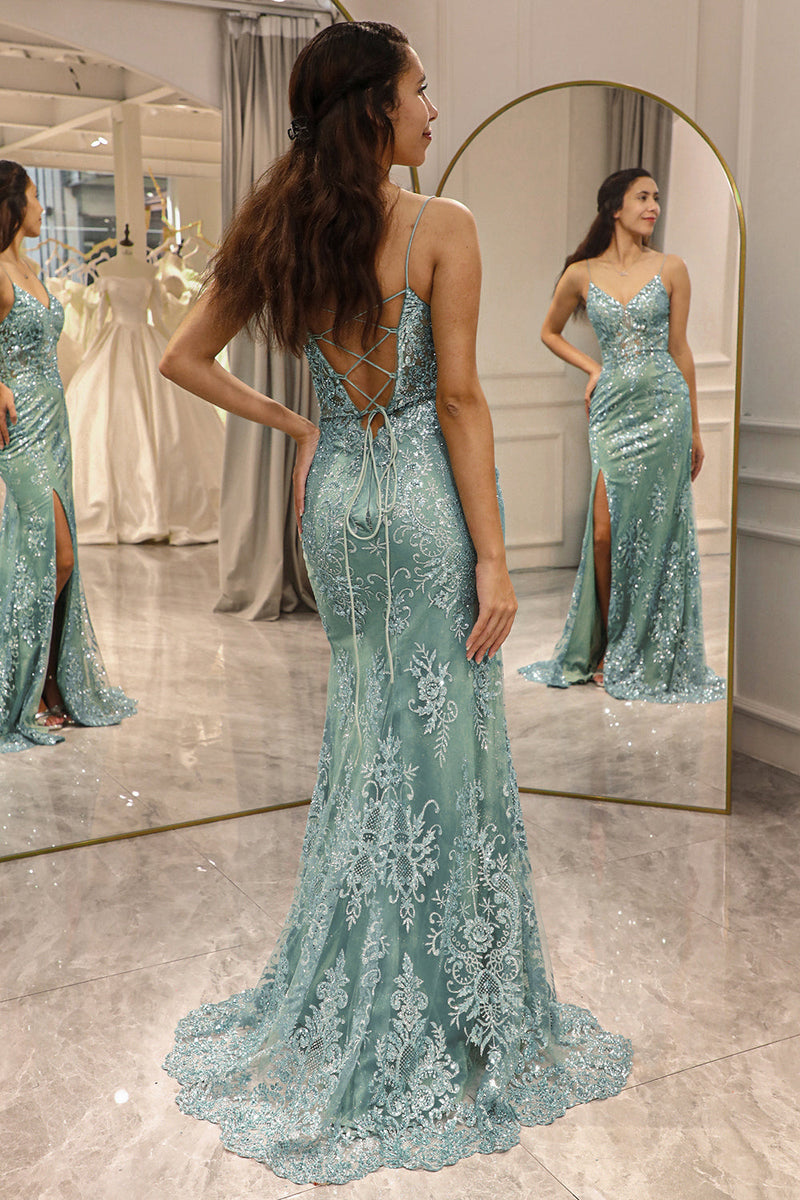 Load image into Gallery viewer, Green Mermaid Long Appliqued Formal Dress With Slit