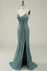 Load image into Gallery viewer, Sparkly Spaghetti Straps Sequins Green Long Formal Dress with Slit