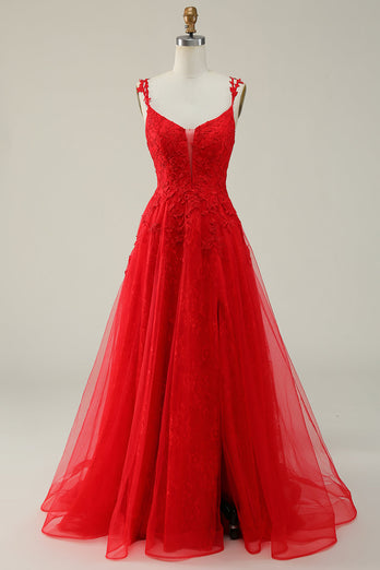 Tulle Spaghetti Straps Red Long Formal Dress with Appliques