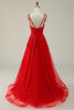 Load image into Gallery viewer, Tulle Spaghetti Straps Red Long Formal Dress with Appliques