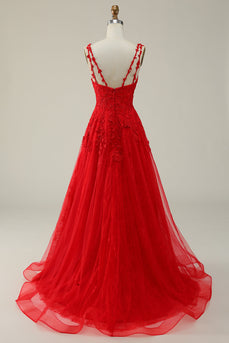 Tulle Spaghetti Straps Red Long Formal Dress with Appliques