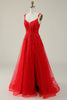 Load image into Gallery viewer, Tulle Spaghetti Straps Red Long Formal Dress with Appliques