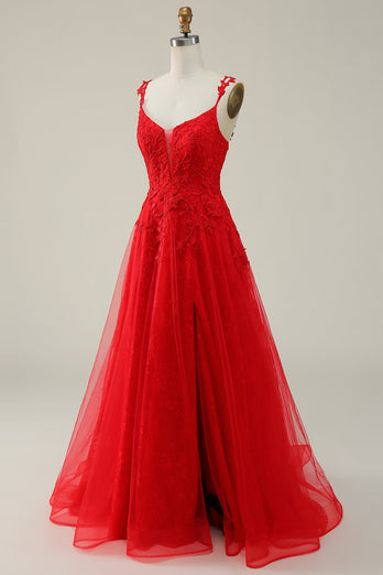 Tulle Spaghetti Straps Red Long Formal Dress with Appliques