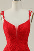 Load image into Gallery viewer, Tulle Spaghetti Straps Red Long Formal Dress with Appliques