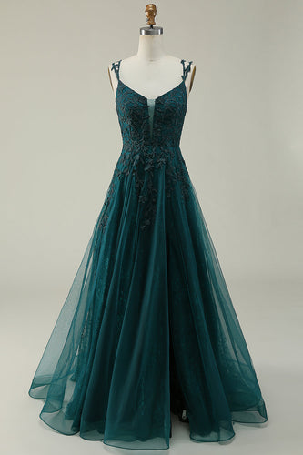 Tulle Spaghetti Straps Dark Green Long Formal Dress with Appliques