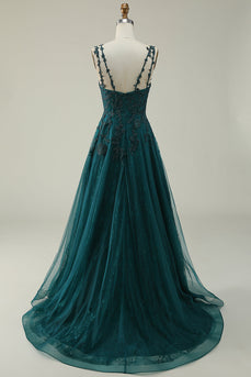 Tulle Spaghetti Straps Dark Green Long Formal Dress with Appliques