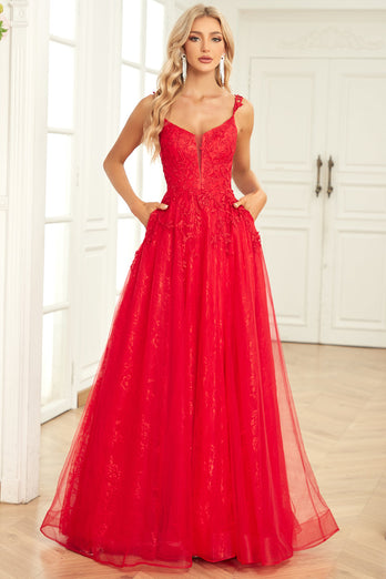 Tulle Red Ball Gown Dress with Appliques