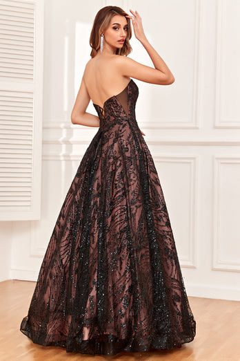 Black Strapless A Line Long Formal Dress with Beading