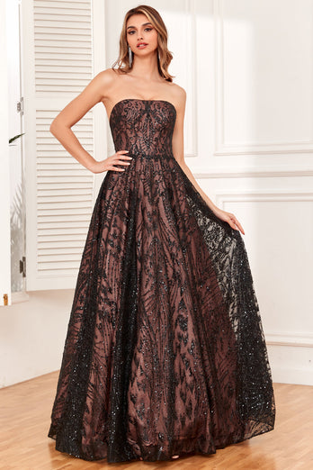 Black Strapless A Line Long Formal Dress with Beading