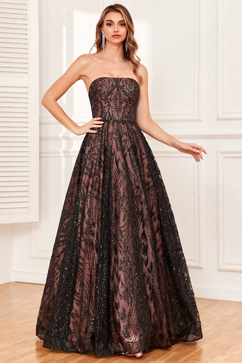 Black Strapless A Line Long Formal Dress with Beading