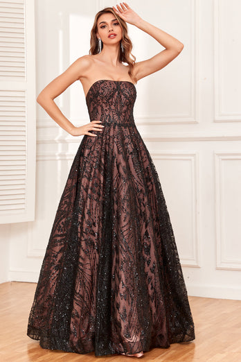 Black Strapless A Line Long Formal Dress with Beading