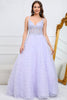 Load image into Gallery viewer, V-Neck Lace-Up Back Purple Ball Gown Dress with Beading