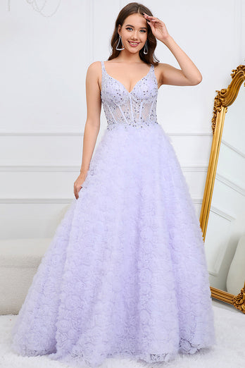 V-Neck Lace-Up Back Purple Ball Gown Dress with Beading