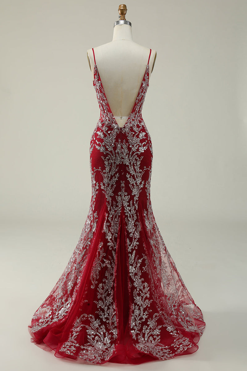 Load image into Gallery viewer, Sparkly Spaghetti Straps Mermaid Burgundy Long Formal Dress with Bronzing