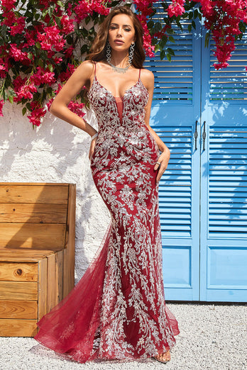 Sparkly Spaghetti Straps Mermaid Burgundy Long Formal Dress with Bronzing