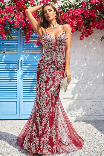 Sparkly Spaghetti Straps Mermaid Burgundy Long Formal Dress with Bronzing