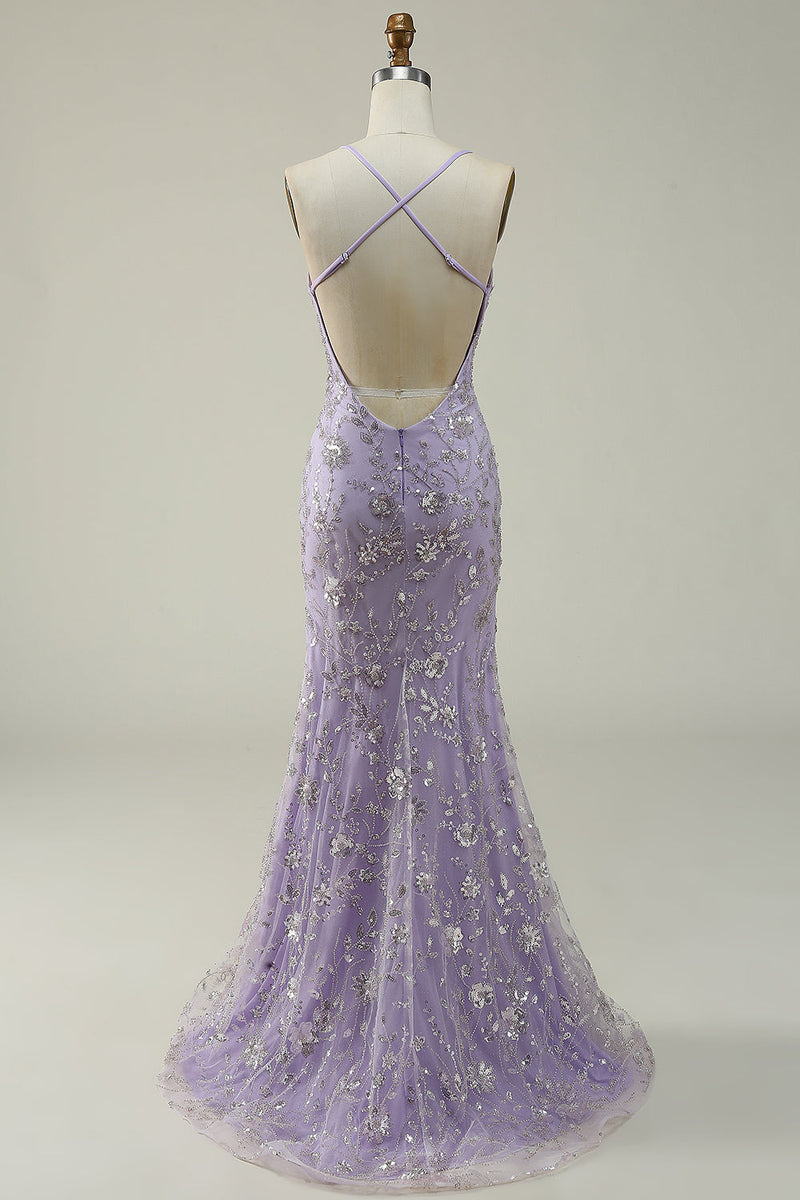 Load image into Gallery viewer, Sparkly Mermaid V-Neck Sequins Purple Long Formal Dress with Slit